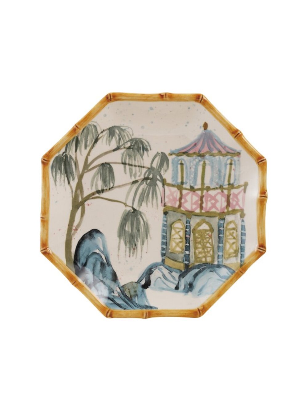 Hand-Painted Stoneware Octagon Shaped Plate with House, Palm Tree & Bamboo Style